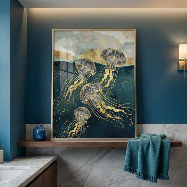 Bathroom interior with a framed artwork of jellyfish on a blue wall.