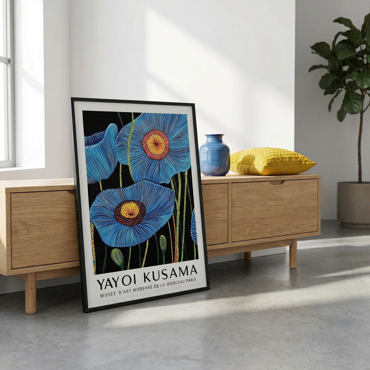 Framed Yayoi Kusama artwork in a modern room with wooden furniture and decor.