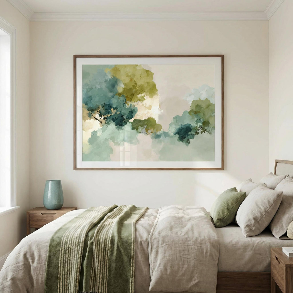 Framed abstract artwork above a bed in a bedroom with neutral tones.