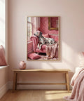 Framed artwork of a Dalmatian dog on a pink couch in a bedroom setting.
