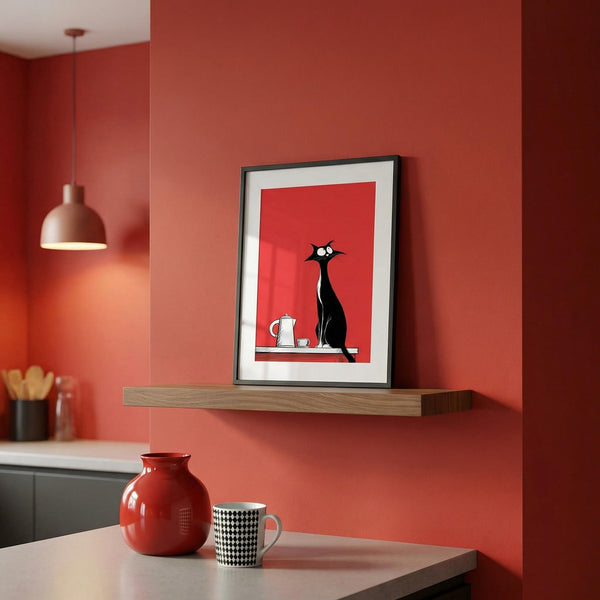 Framed artwork of a black cat on a red background in a room with a red wall and wooden shelf.