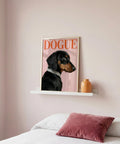 Framed artwork of a dog with 'DOGUE' text on a wall above a bed.
