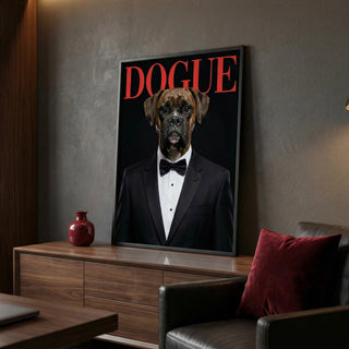 Framed artwork of a dog in a tuxedo with 'DOGUE' text on a wall in a living room.
