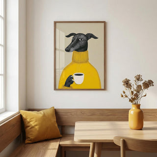Framed artwork of a dog in a yellow sweater holding a cup on a wall above a wooden bench.