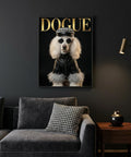 Framed artwork of a dog with 'DOGUE' text above a gray sofa in a living room.