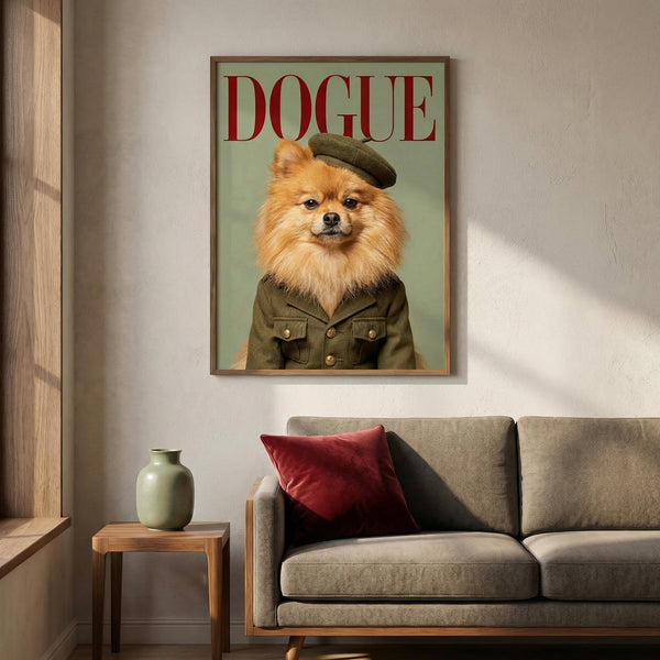 Framed artwork of a dog with a beret titled 'DOGUE' above a sofa in a living room.