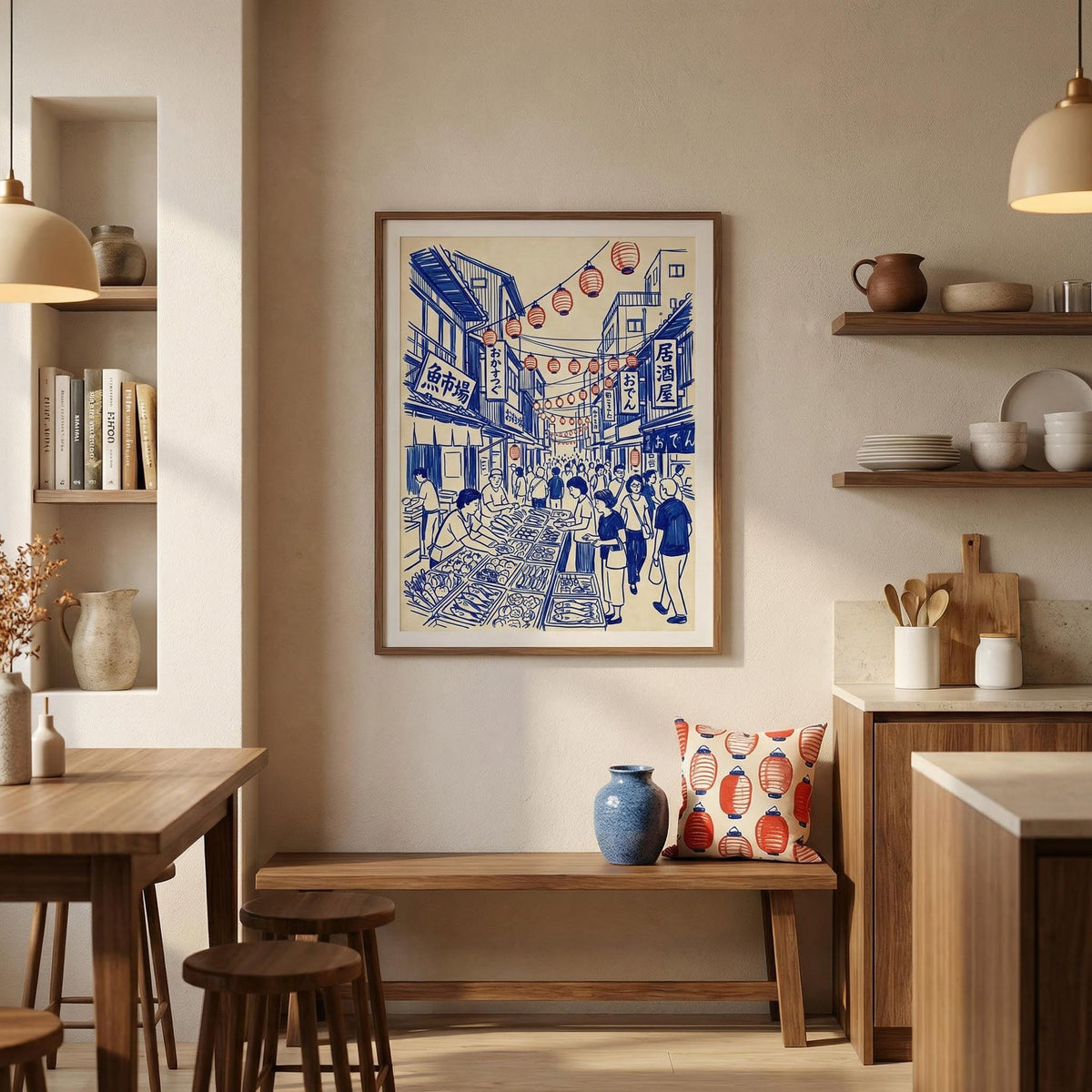 Framed artwork of a street scene in a modern kitchen with wooden furniture and decor.