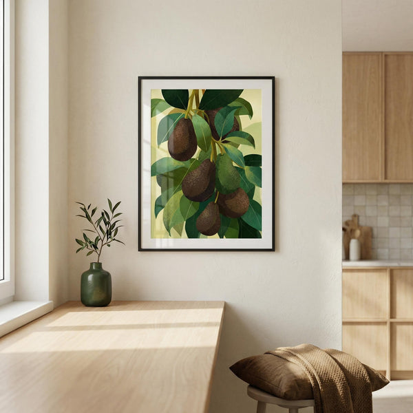 Framed artwork of avocados on a wall in a modern kitchen.