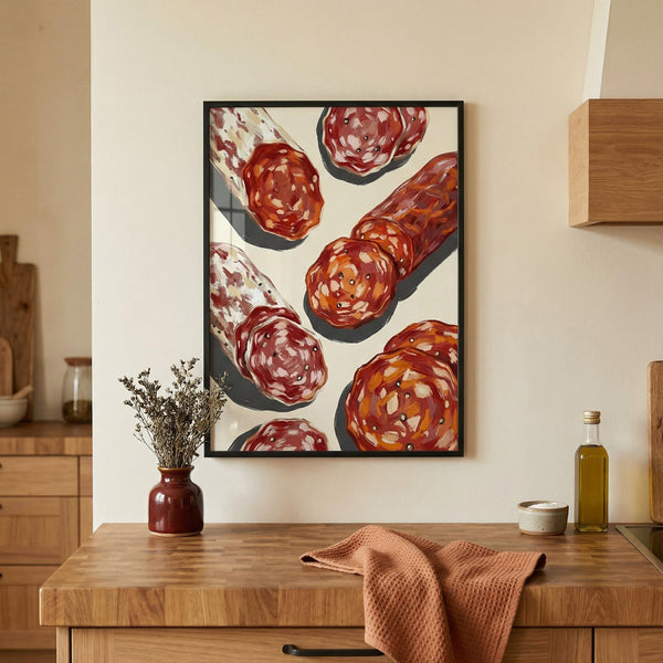 Framed artwork of salami on a wall above a wooden counter with kitchen items.
