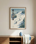 Framed artwork of skiers on a snowy slope with trees, displayed on a wall above a wooden shelf.