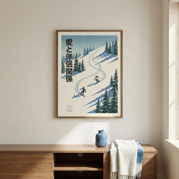 Framed artwork of skiers on a snowy slope with trees, displayed on a wall above a wooden shelf.