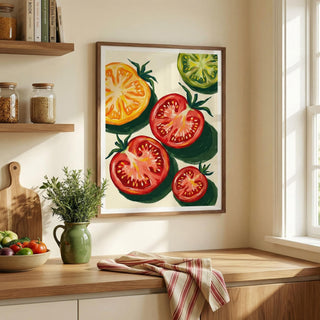 Framed artwork of tomatoes on a kitchen wall with a window and shelves in the background.