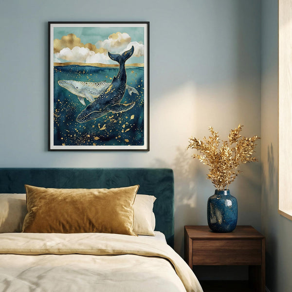 Framed artwork of whales in a starry sky above a bed with decorative pillows and a vase on a nightstand.