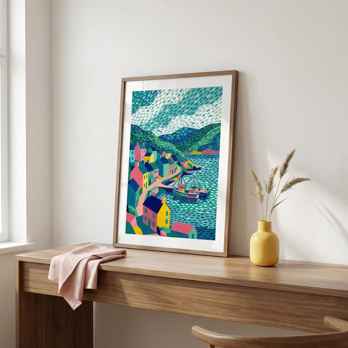 Framed colorful artwork on a wooden desk with a yellow vase and pink cloth.