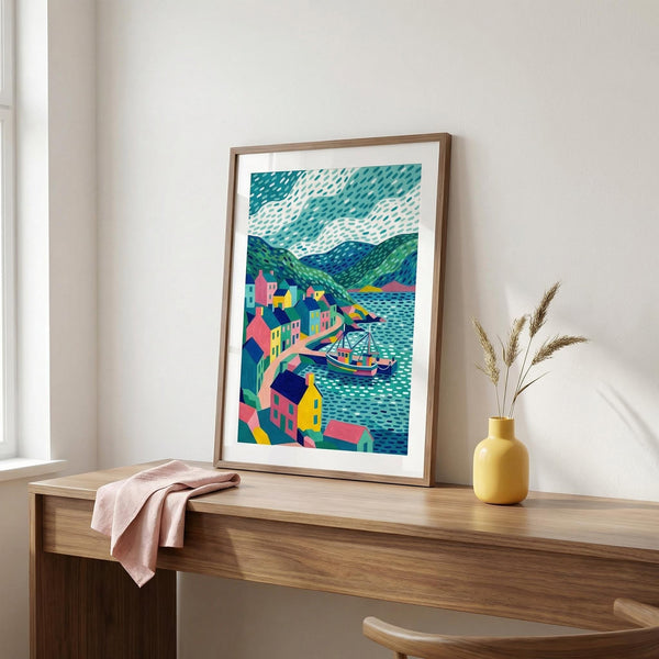 Framed colorful artwork on a wooden desk with a yellow vase and pink cloth.
