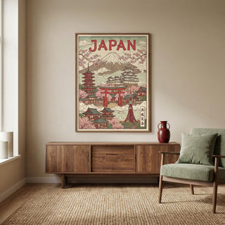 Framed poster of Japan with a mountain and traditional architecture in a living room.