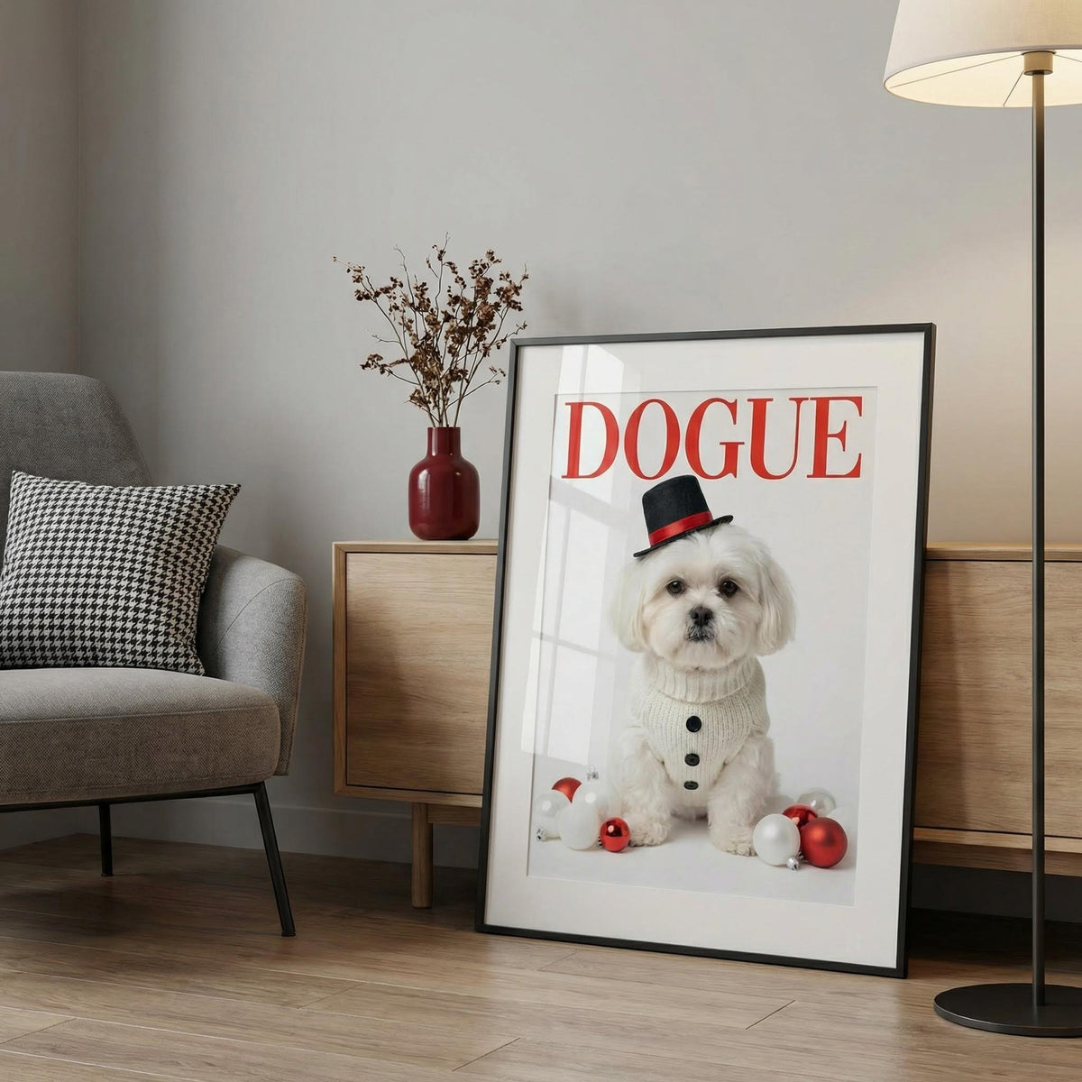 Framed poster of a dog wearing a top hat in a living room setting.