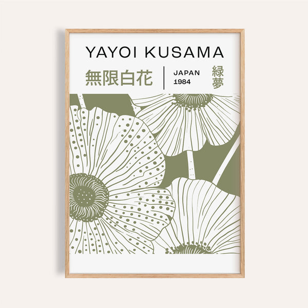 Sage green wall art featuring Yayoi Kusama floral patterns