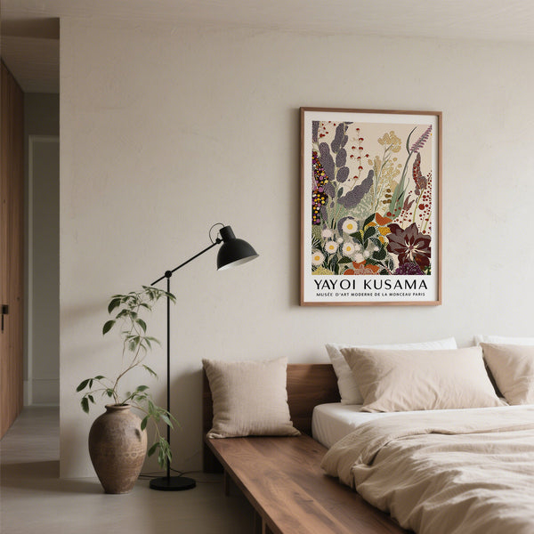 Graphic abstract floral print featuring lavender, green, and gold elements