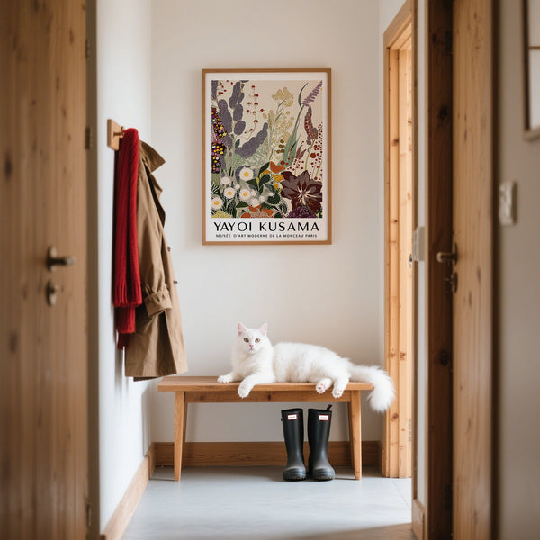 Contemporary abstract floral print with burgundy stems and layered patterns