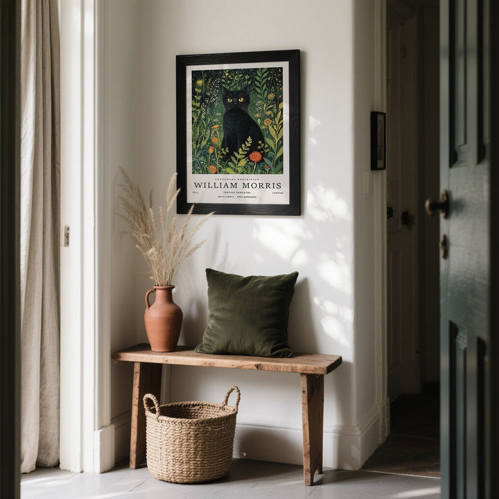 Garden-themed vintage cat art with natural floral backdrop