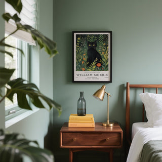 Peaceful black cat in botanical vintage cat art for bedrooms