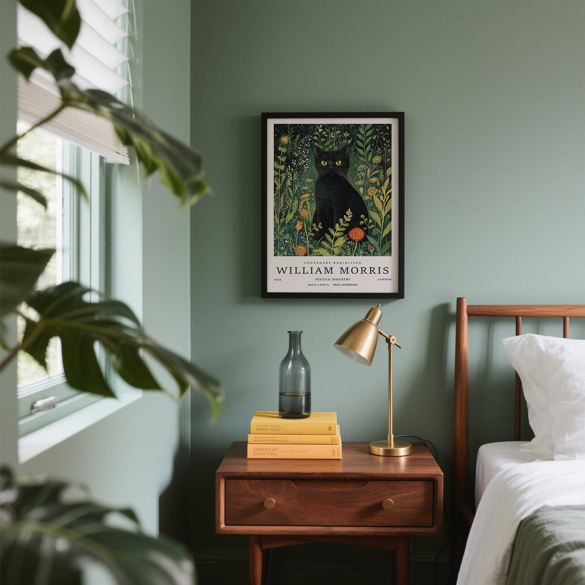 Peaceful black cat in botanical vintage cat art for bedrooms