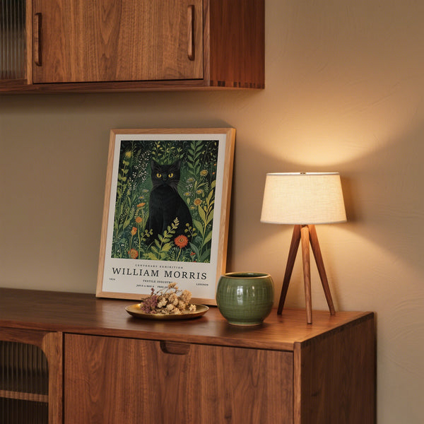 Detailed garden scene with cat in vintage cat art wall print