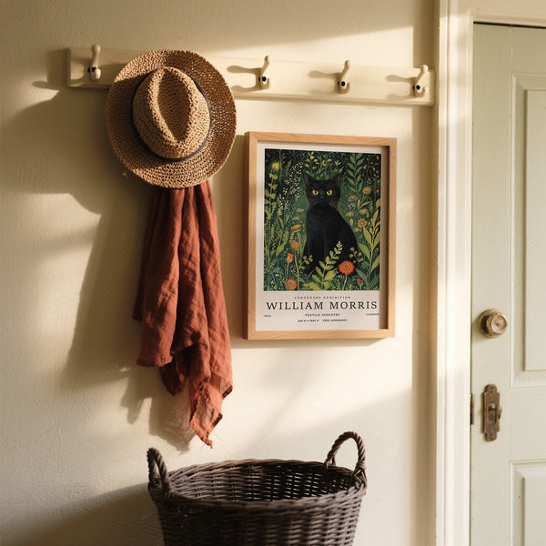 Black feline in wildflower setting for vintage cat art poster