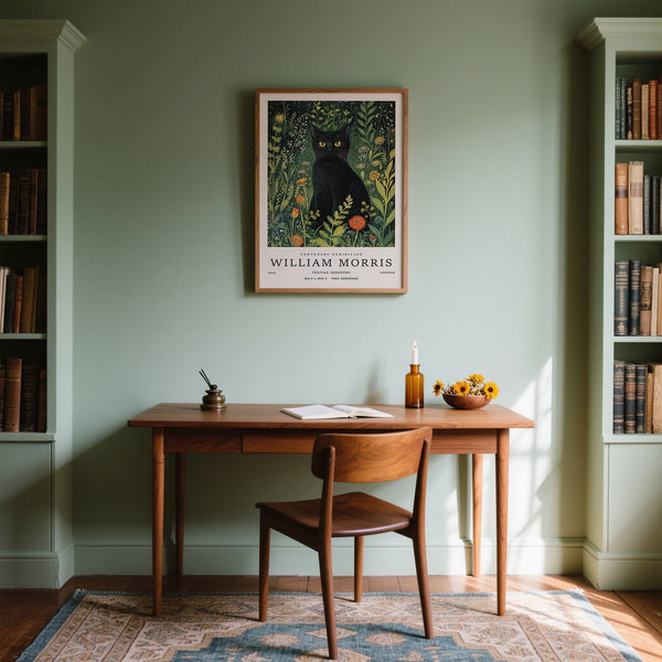 Black cat illustration in floral vintage cat art for home decor