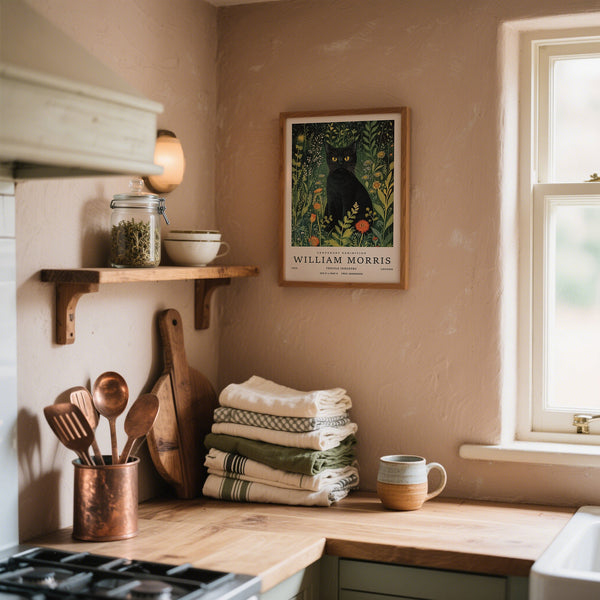 Vintage black cat wall art inspired by William Morris