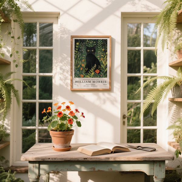 Vintage cat art with golden-eyed cat among tall greenery for conservatory