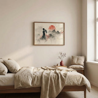 Bedroom with a bed, pillows, and a framed artwork on the wall.