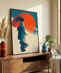 Living room with a large framed artwork of a Geisha with a red umbrella, wooden cabinet, and decorative items.