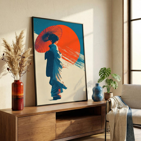 Living room with a large framed artwork of a Geisha with a red umbrella, wooden cabinet, and decorative items.