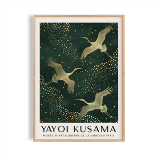 Japanese Crane Print featuring golden cranes on a green background