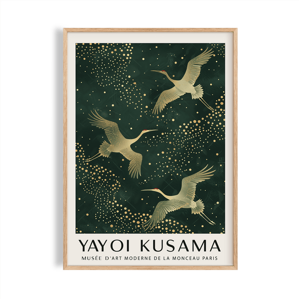 Japanese Crane Print featuring golden cranes on a green background