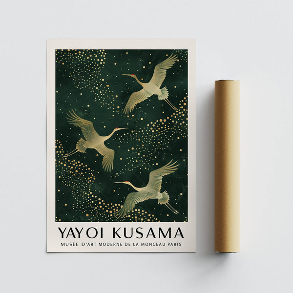 Japanese Crane Print with intricate golden polka dot details