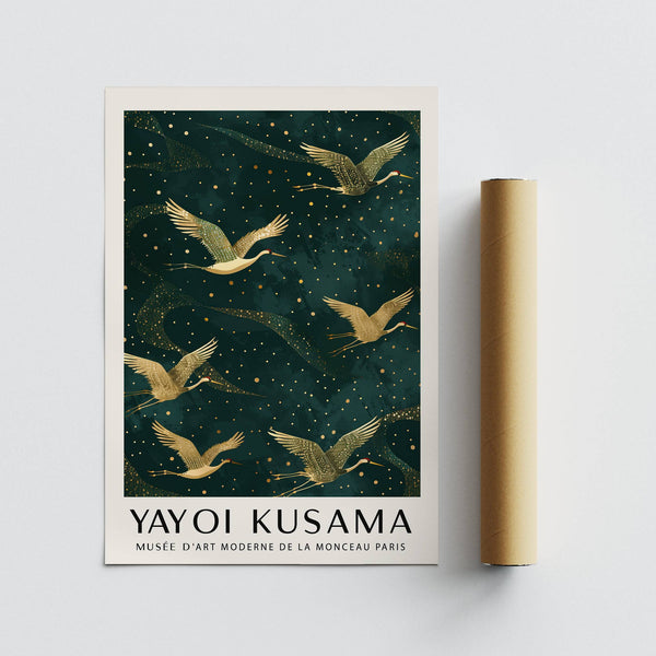 Minimalist Japanese Crane Wall Art with intricate golden accents