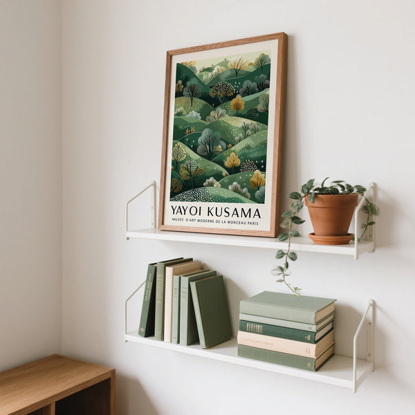 Modern Yayoi Kusama Paintings with flowing hills and gold details