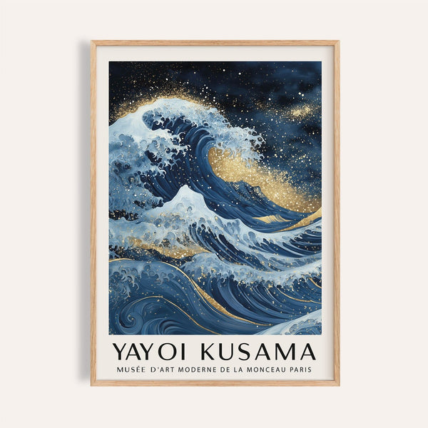 blue gold wall decor featuring The Great Wave design