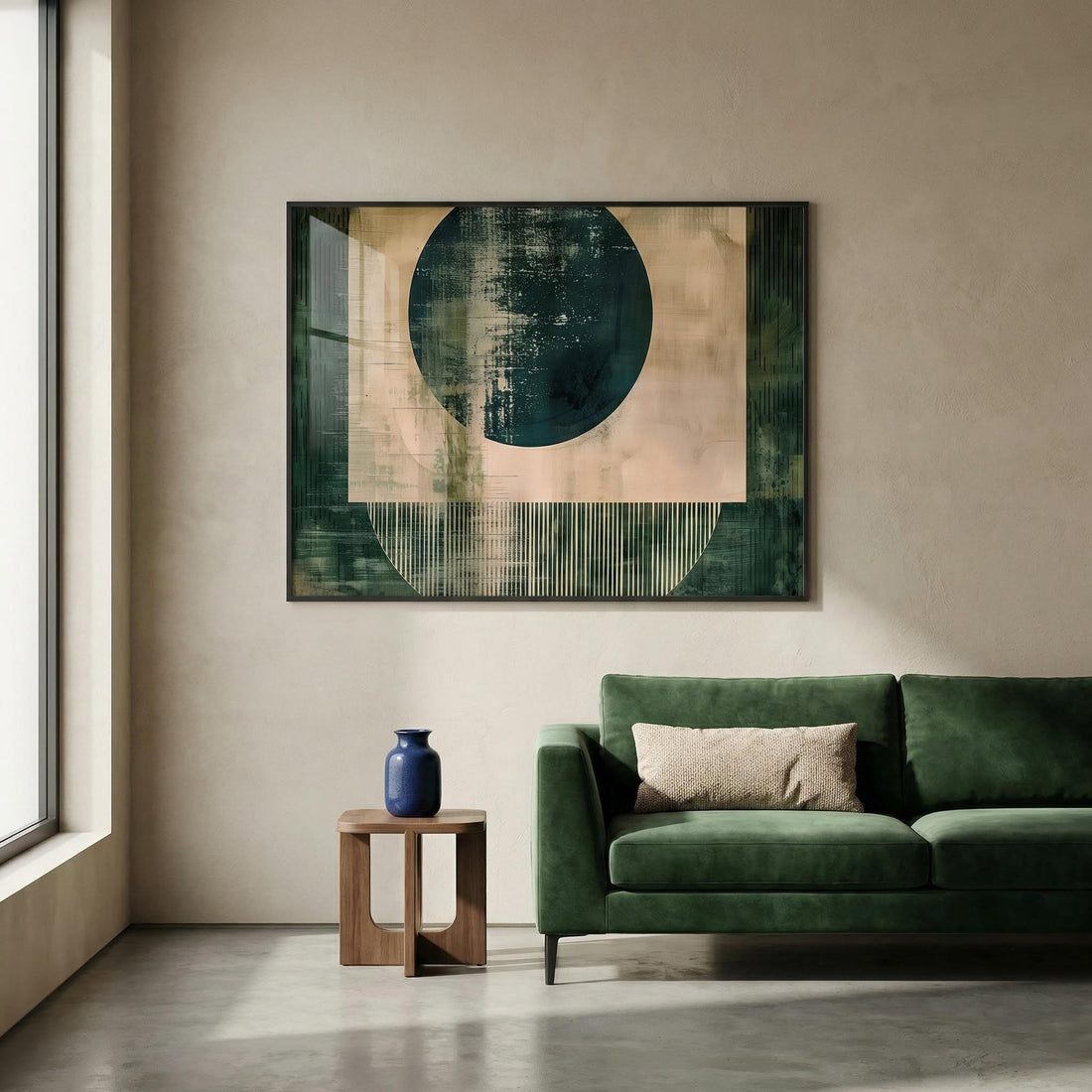 Living room with a dark green velvet sofa, a walnut side table and a large abstract print in deep green and blush on a warm grey wall