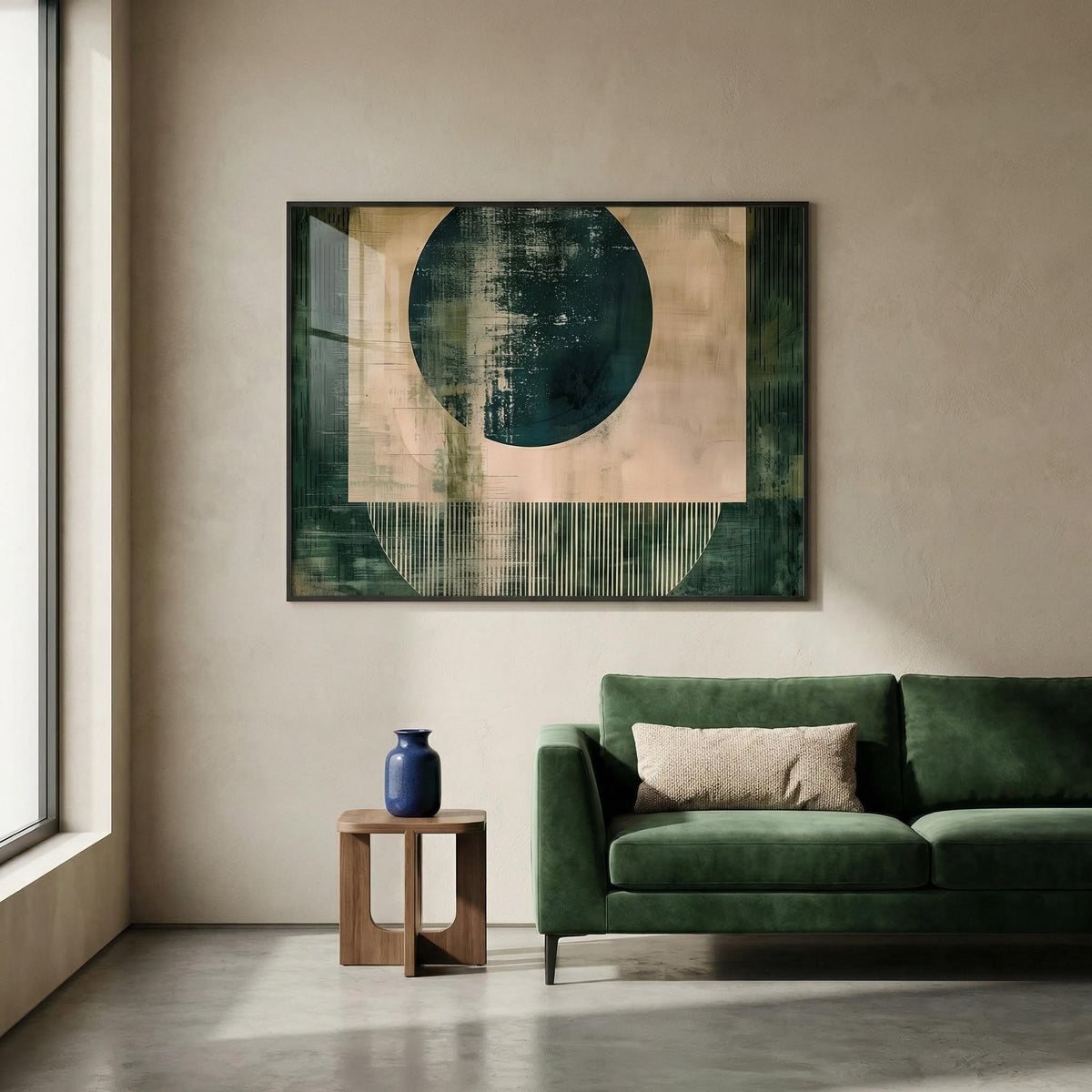 Modern living room with a green sofa, abstract painting, and wooden side table.