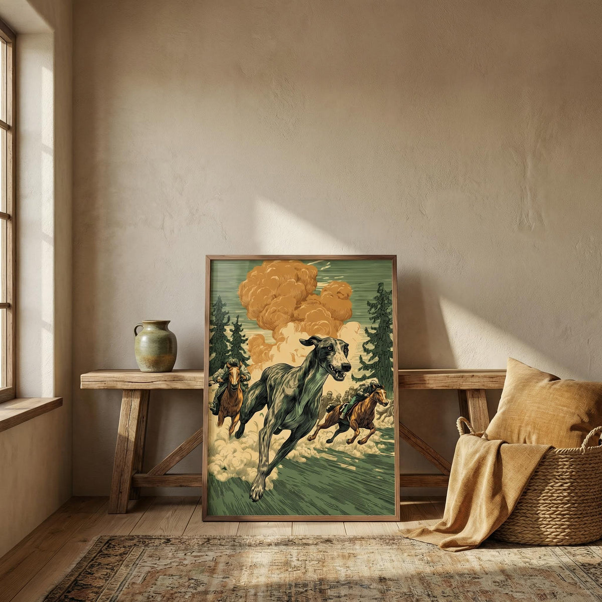 Framed artwork of a dog running with horses in a room with wooden furniture and a vase.