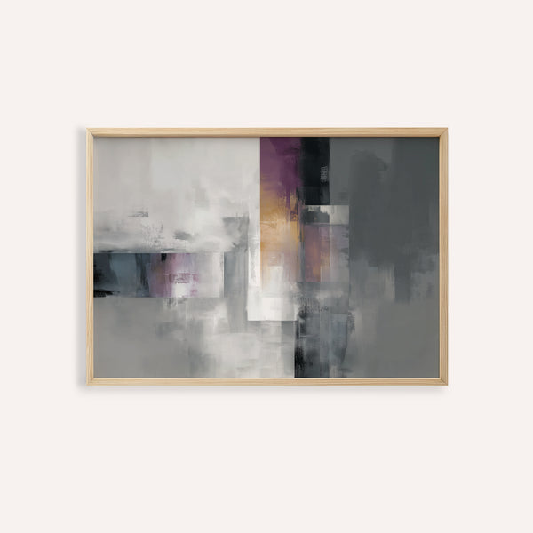 Abstract art piece with geometric shapes in a wooden frame on a white wall