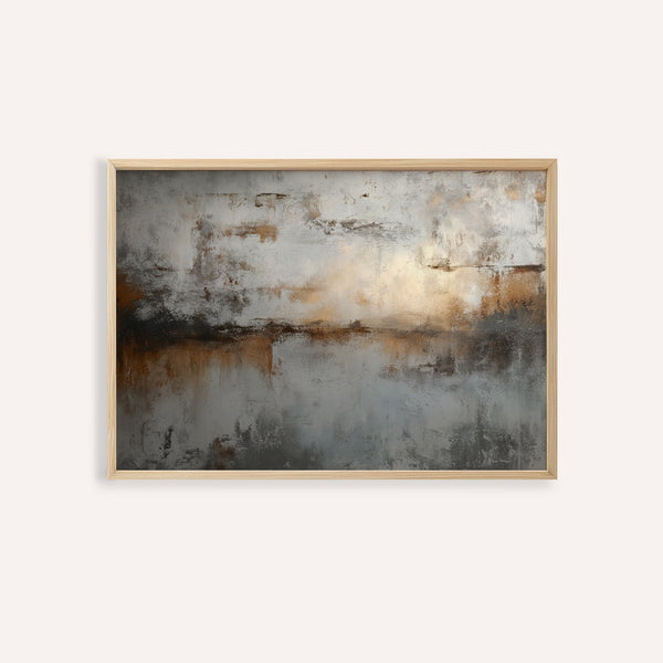 Abstract painting with earthy tones in a wooden frame on a white wall