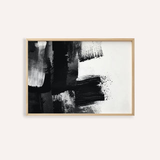 Black and White Art Print of abstract black and white brushstrokes in a simple wooden frame