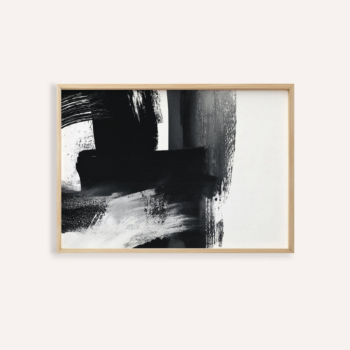 Minimalist Black and White Print in a wooden frame on a white wall