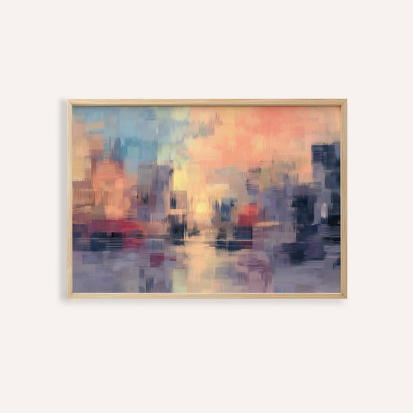 Abstract Sunset Art Print in a wooden frame on a white wall