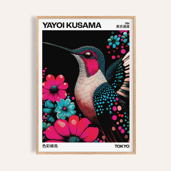 Bright living room large bird prints featuring colourful hummingbird